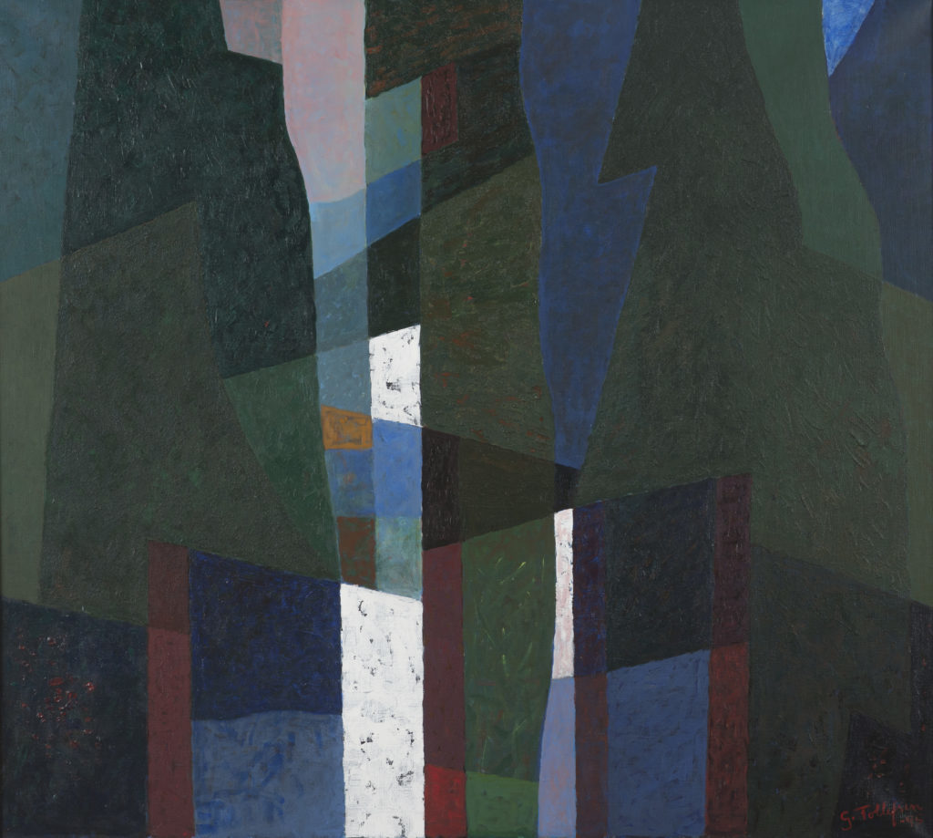 Gunnar Tollefsen: I granskogen, akryl på lerret, 97 x 108 cm. Foto: Epen Tollefsen.